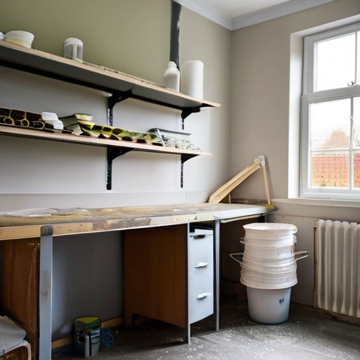 Workshop with wall preparation tools and freshly plastered wall sections ready for finishing
